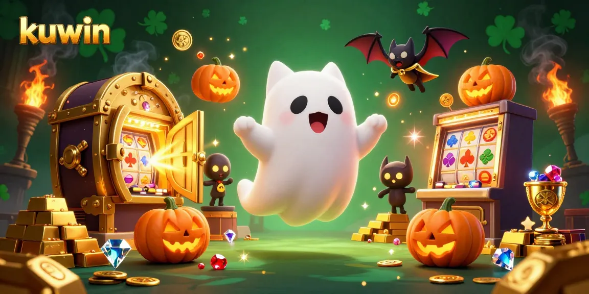 Kuwin offers captivating slots gameplay with a ghostly cat and bat in a haunted casino.