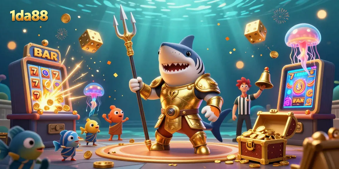 Engage with 1da88's underwater casino adventure featuring a tiger shark and slot machine jackpot.