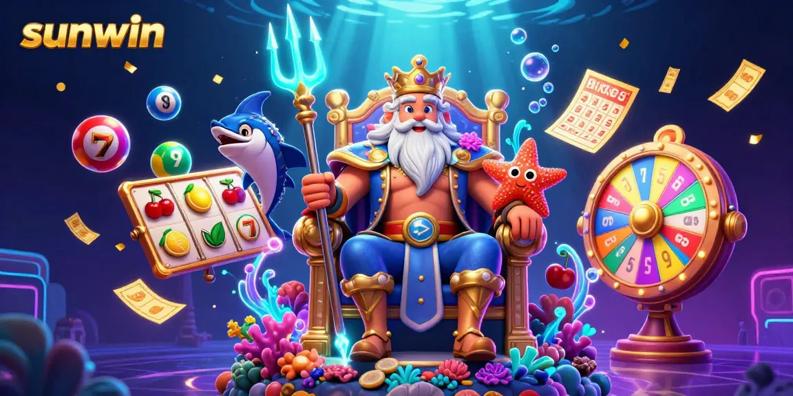 Join the thrill of sunwin with vibrant slot reels and colorful lottery elements in this lively casino scene.