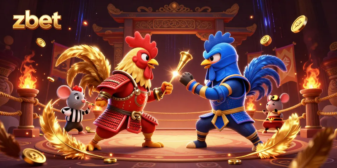 Engage with zbet's dynamic fighting roosters in a thrilling casino showdown illustration.