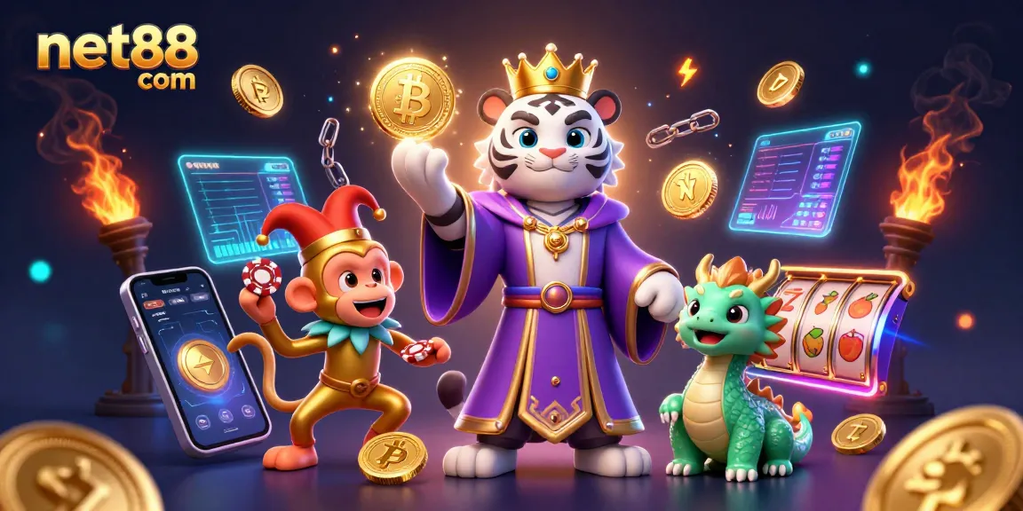 Experience the thrill of net88 com with a vibrant 3D casino scene featuring a royal tiger and playful monkey.