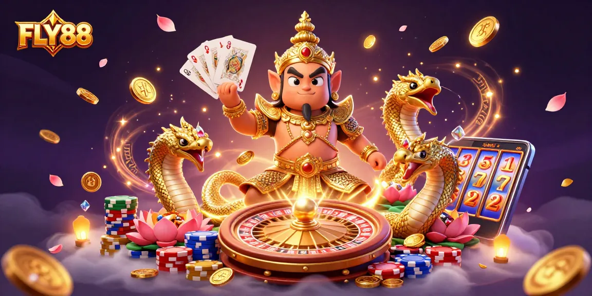 FLY88 casino guardians welcoming players with coins, cards, and roulette in an immersive illustration.