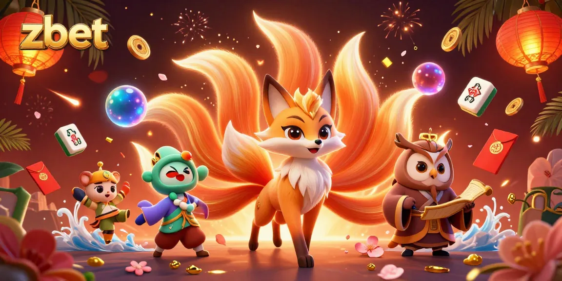 Play thrilling games at zbet with a vibrant 3D illustration of lucky gaming spirits.