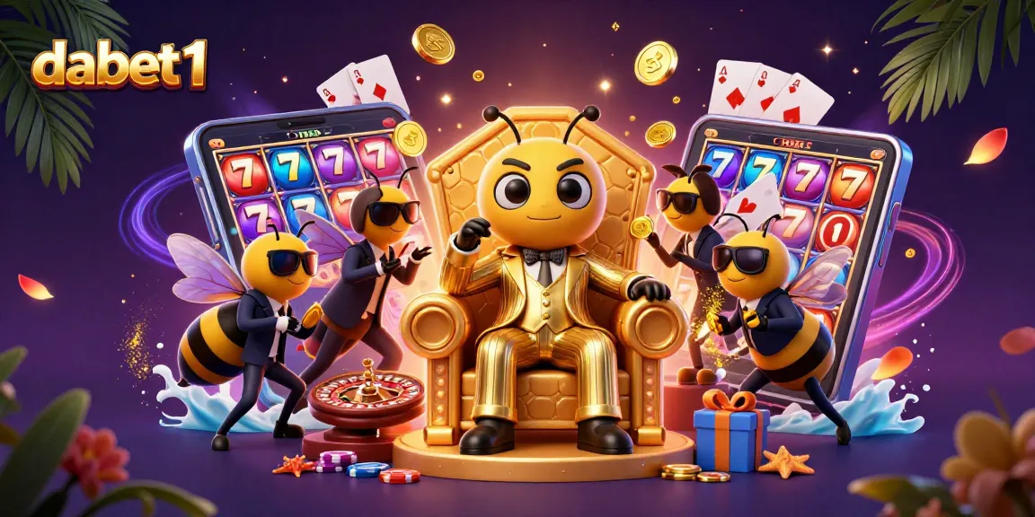 dabet1 engages players with a vibrant casino scene showcasing a bumblebee mob boss and vibrant slot game elements.