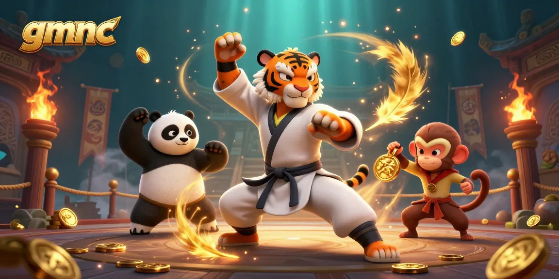 Engage with gmnc's ultimate casino experience showcasing a kung fu tiger master and a panda apprentice in a vibrant gaming arena.