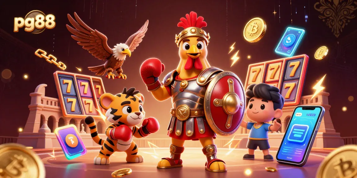 Win big with pg88 in a vibrant slot game scene featuring dynamic characters and crypto elements