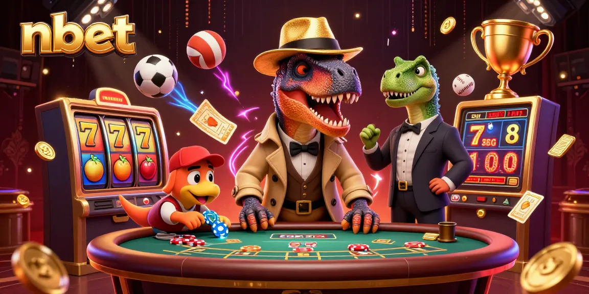 Enhance your gaming experience with nbet at a lively casino scene featuring unique dinosaur characters.