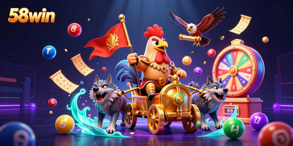 Engage in thrilling gameplay at 58win with a vibrant scene of a rooster warlord in a golden chariot surrounded by colorful lottery elements.