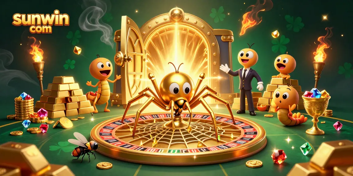 Engage with sunwin com's vibrant casino scene featuring a spider, centipede croupier, and gold treasures.