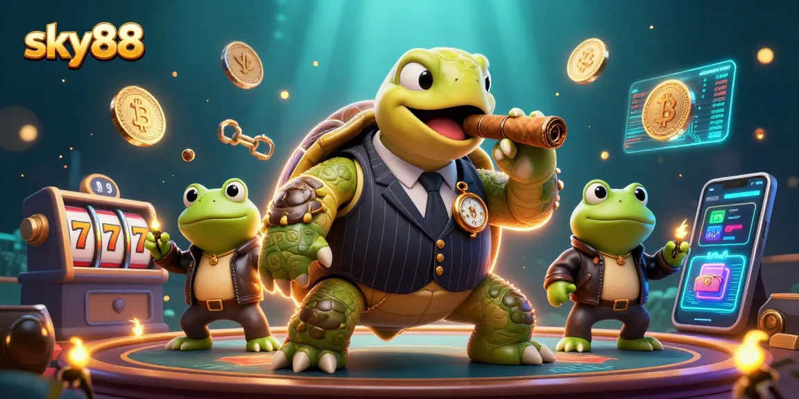 See sky88's massive snapping turtle promoting thrilling slot games in vibrant 3D.