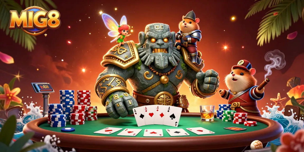 MIG8 showcases a lively casino scene with a magical stone guardian and animated characters playing poker.