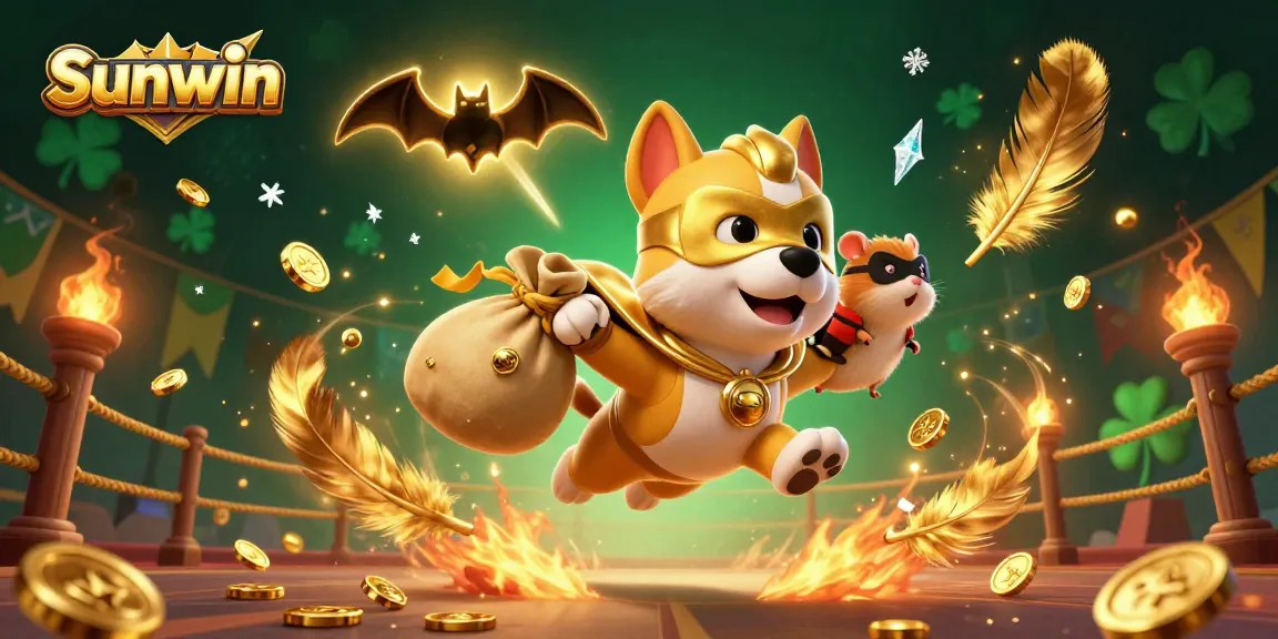 Engage with Sunwin's thrilling gaming scene featuring a superhero dog, gold coins, and action-packed casino elements.