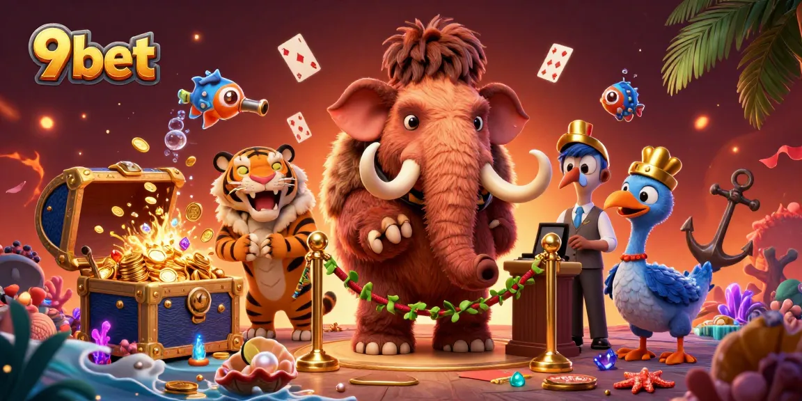 9bet invites high rollers to a vibrant casino scene with a woolly mammoth bouncer and VIP guests.