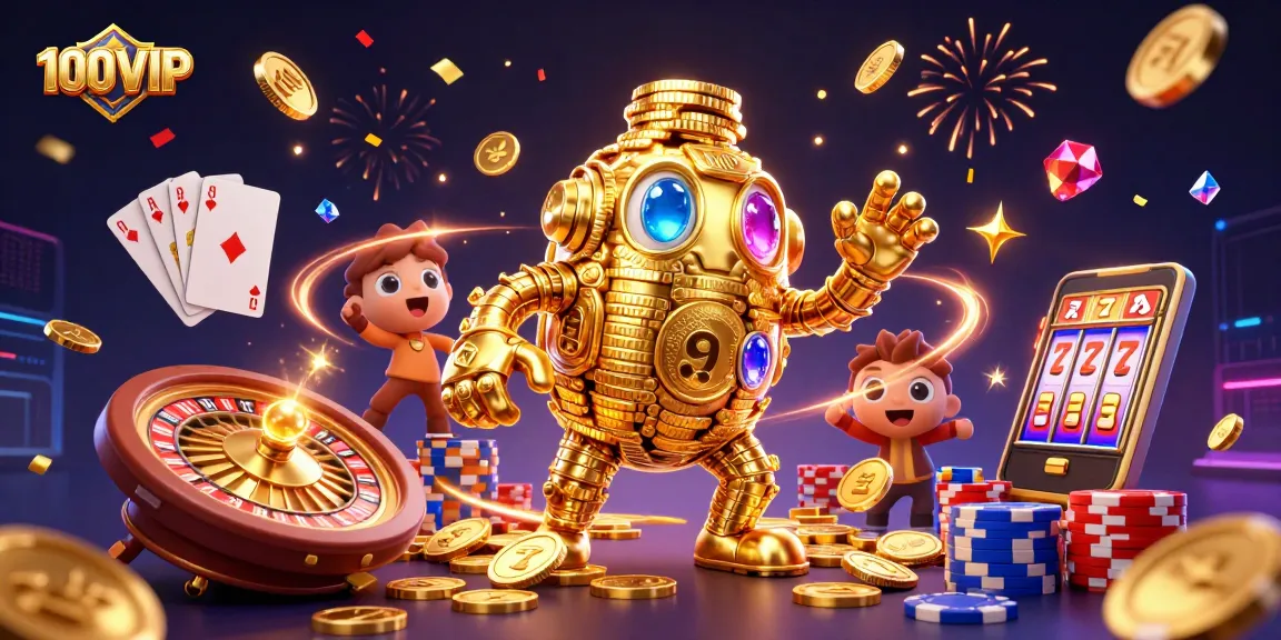 Engage in thrilling casino excitement with 100VIP's dynamic gaming experience featuring a golden golem and slot reels.