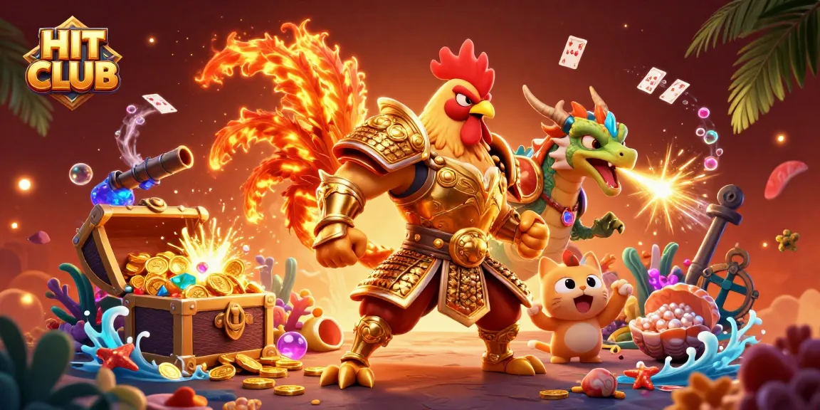 Engage with HIT CLUB gaming adventure, featuring colorful characters and dynamic casino elements.