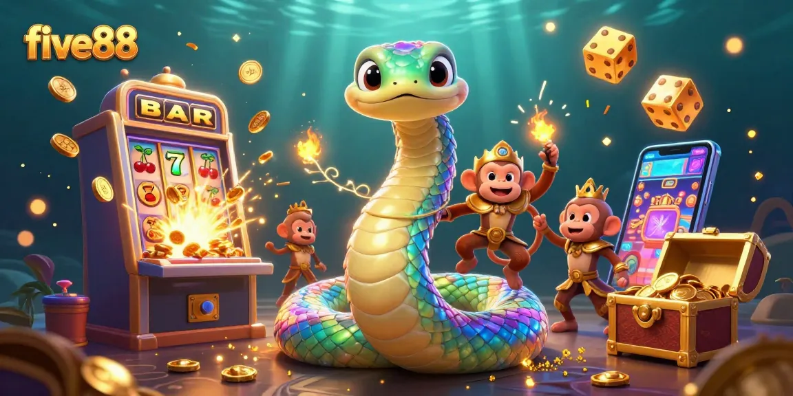 Experience excitement with five88's vibrant 3D casino illustration, showcasing jackpots and playful characters.