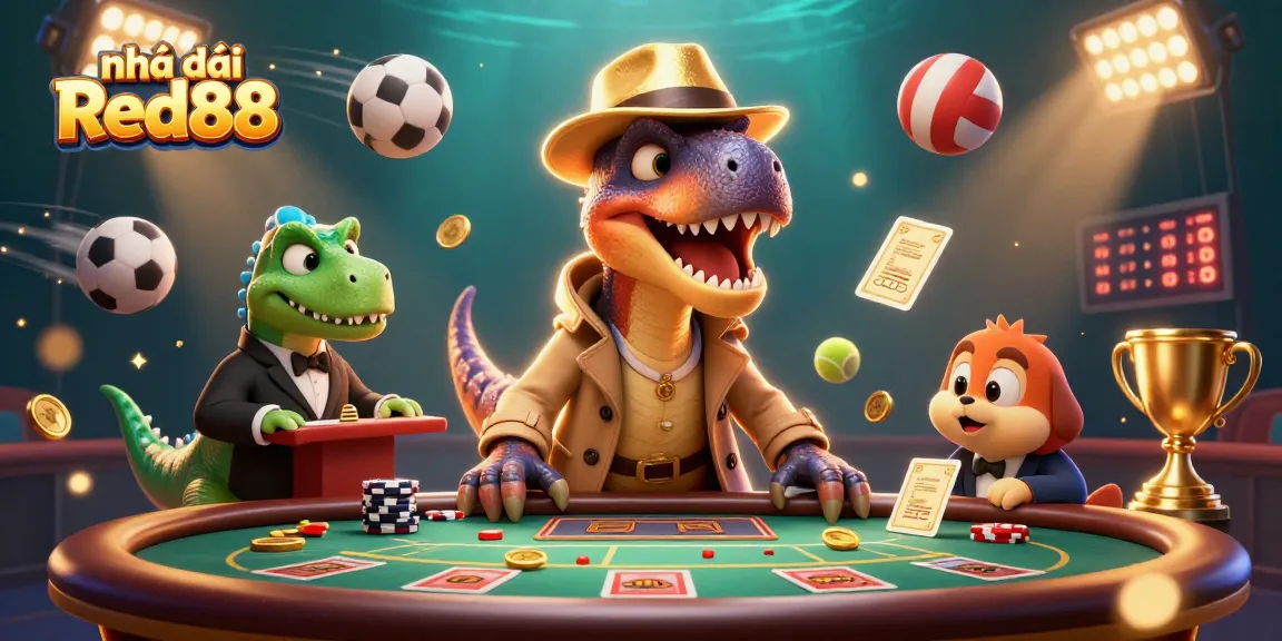 Experience thrilling action at Nhà cái Red88 with a cartoon velociraptor and stegosaurus in a dynamic casino scene.