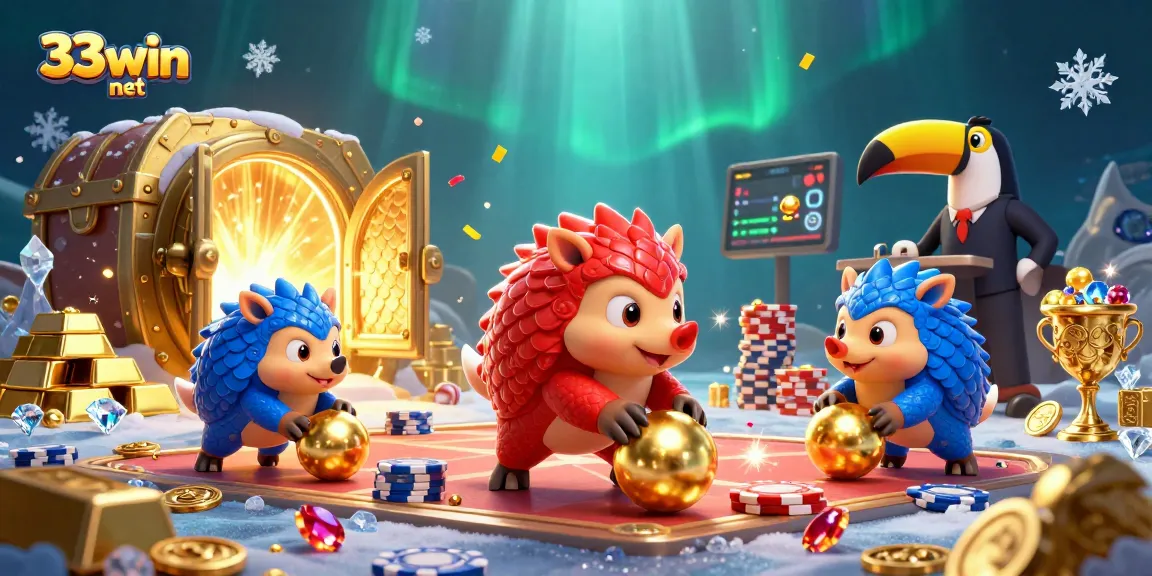 Experience thrilling gaming action at 33win net with dynamic pangolin characters amidst sparkling treasures.