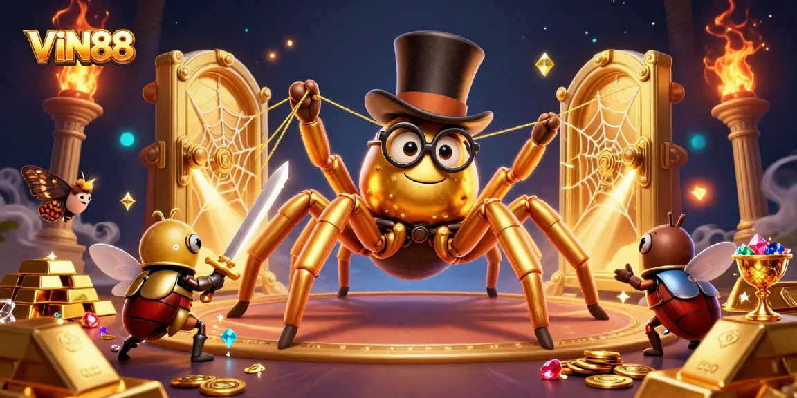 VIN88 brings excitement as a giant golden tarantula spins golden webs in a vibrant casino scene.