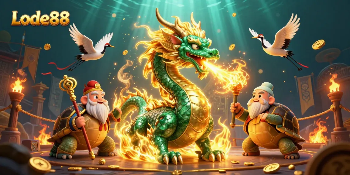 Lode88 brings luck with a jade dragon and a turtle sage in an energetic casino illustration