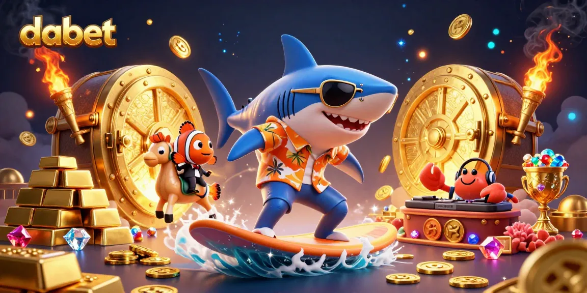 DABET showcases vibrant 3D art featuring a shark surfing on gold coins, symbolizing online gambling excitement.