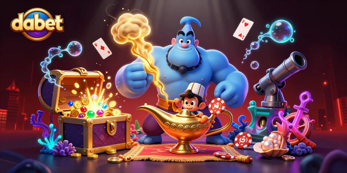dabet's animated casino adventure with a genie, monkey and enchanted poker elements