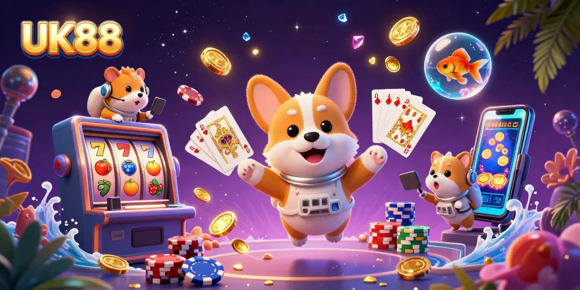 UK88 slot games illustration featuring an astronaut corgi in a space casino.