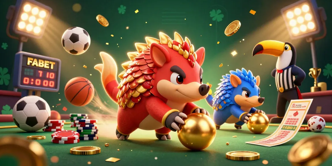 Watch FABET pangolins battle with confetti and vibrant casino elements in a dynamic scene.