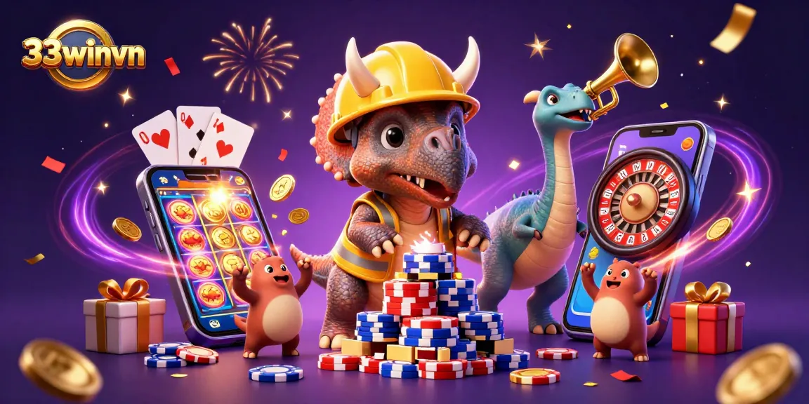 Cheerful 33winvn scene with triceratops and parasaurolophus celebrating casino wins among colorful gaming elements