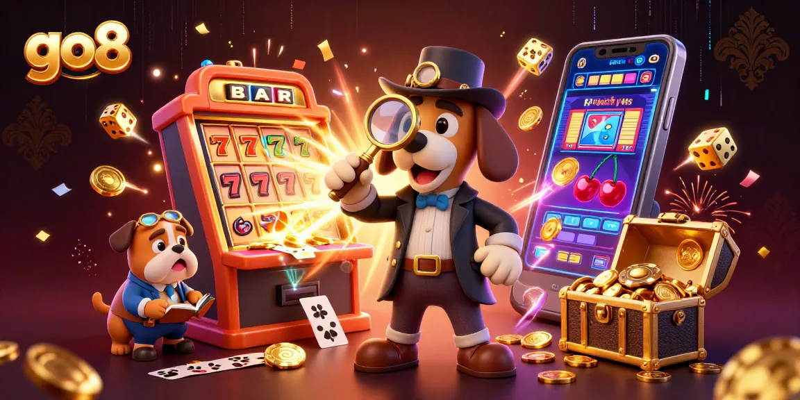 Play with go8's thrilling casino games featuring a detective revealing clues amid jackpot excitement.