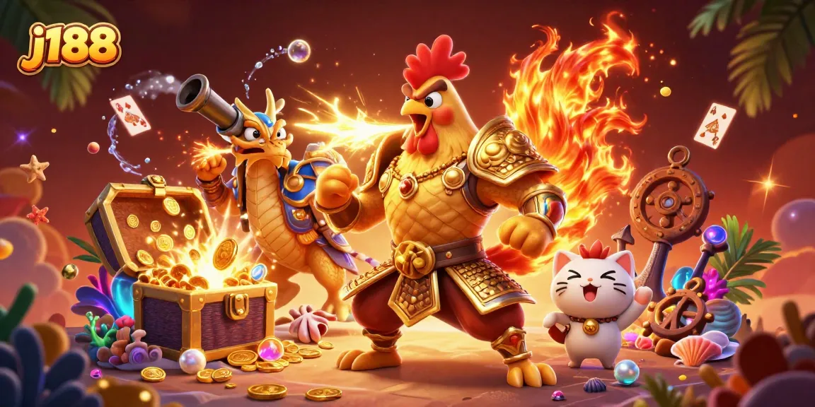 Experience thrilling gameplay at j188 with a dynamic scene of a fighting rooster, dragon hatchling, and a fortune cat.