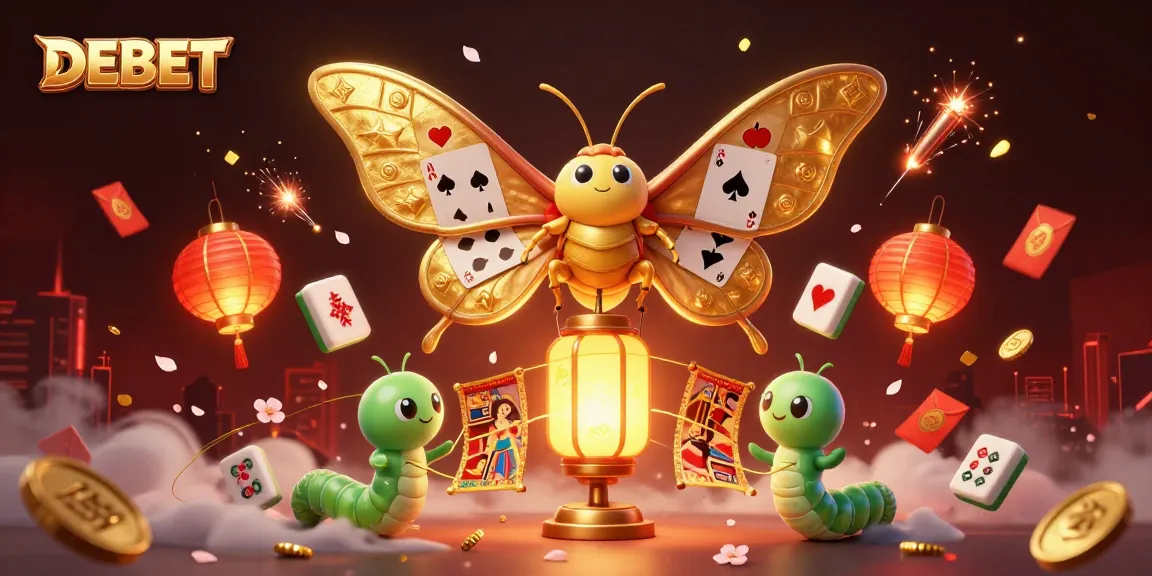 DEBET brings excitement with a golden-winged moth among vibrant casino-themed elements, inspiring players.