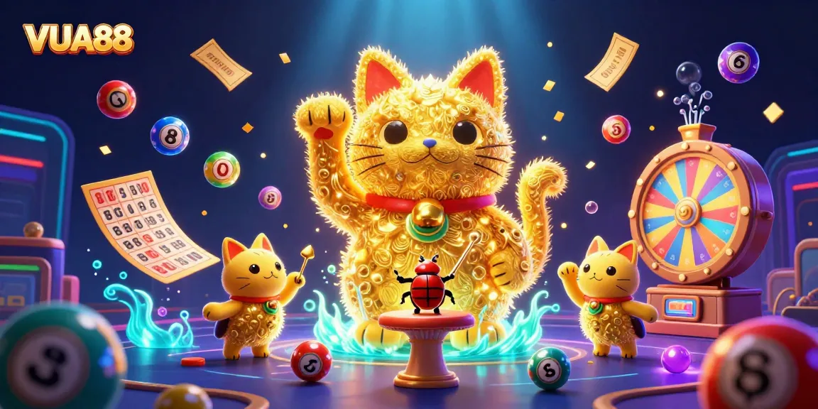 Engage with VUA88's vibrant casino scene showcasing a lucky cat and lottery action.