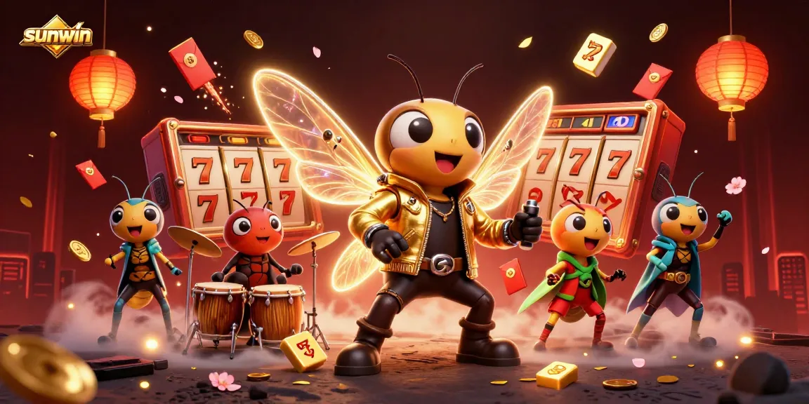 Sunwin engages players with an exciting 3D scene featuring a cicada rock star and vibrant slot elements.