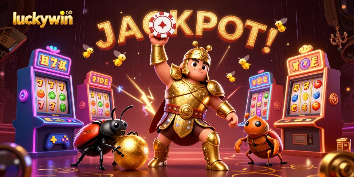 Spin jackpots at luckywin with a heroic beetle celebrating while rich casino symbols surround it.