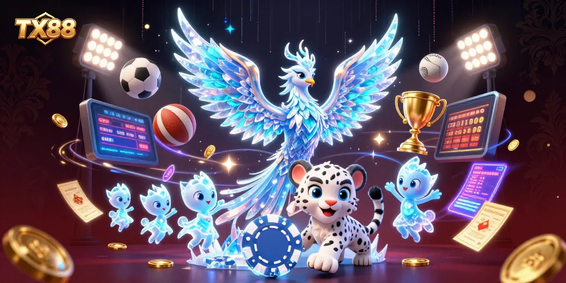 Experience the thrill of TX88's vibrant casino world with a dancing ice phoenix and sports symbols.