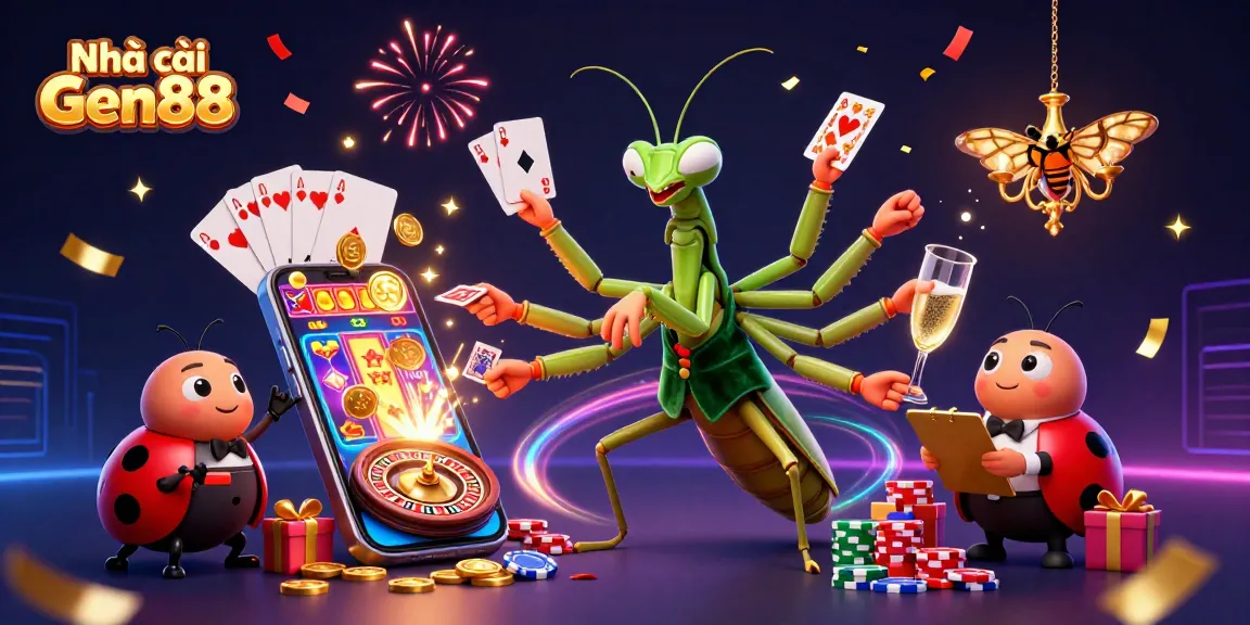 Engage in thrilling gameplay at Nhà cái Gen88, featuring vibrant 3D casino elements and characters.