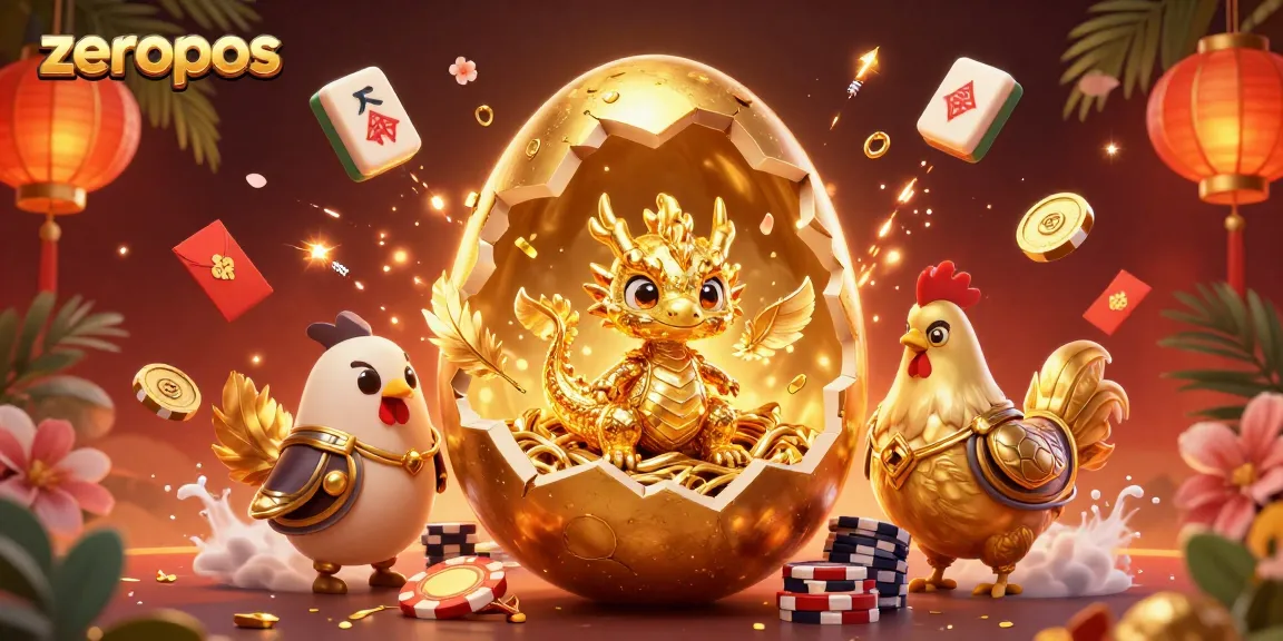 Experience excitement at zeropos with a 3D illustration of a golden dragon and poker chips.