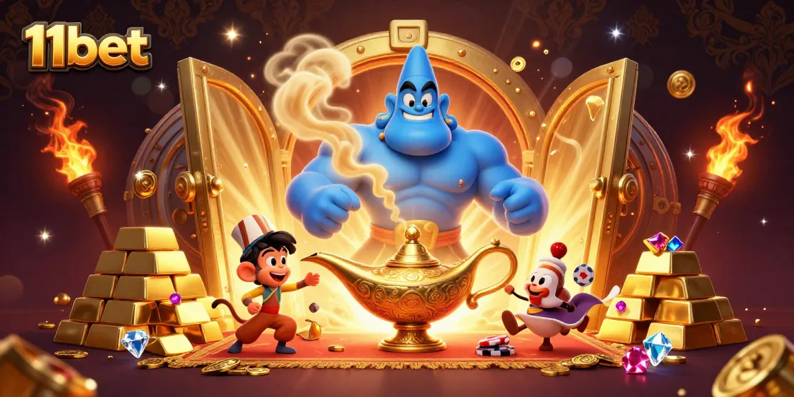Engage with 11bet's magical casino world featuring a genie, monkey, and treasures.