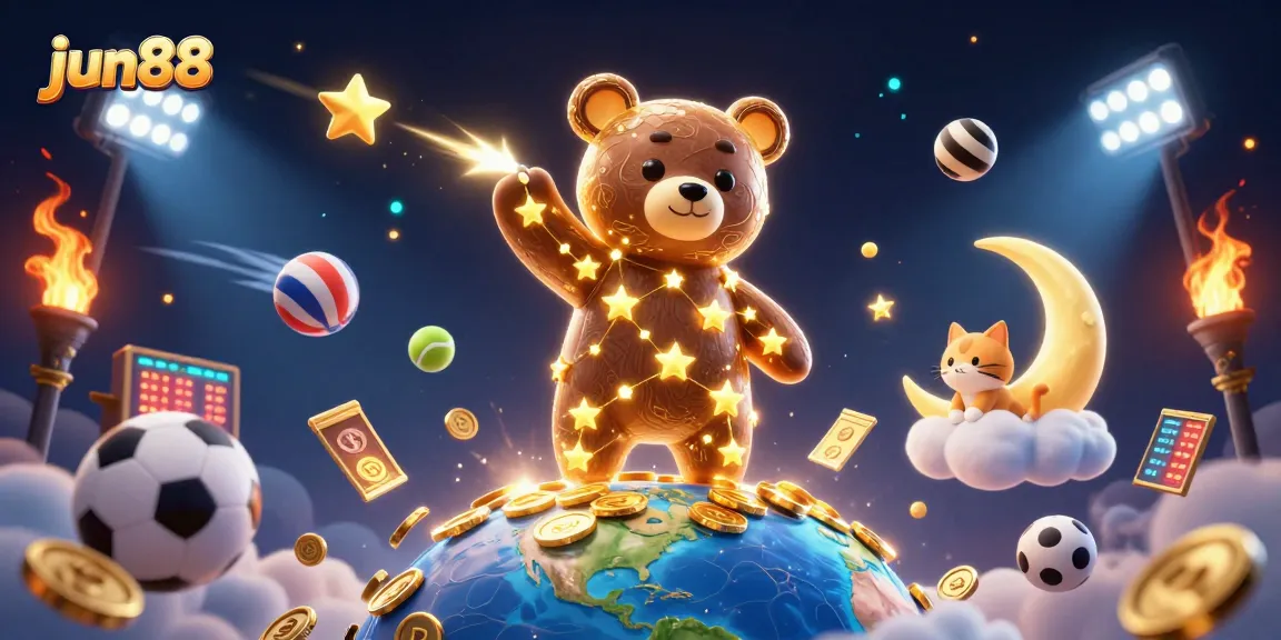 Experience the magic of jun88 by exploring an illustrated scene with the constellation bear and dynamic sports elements.