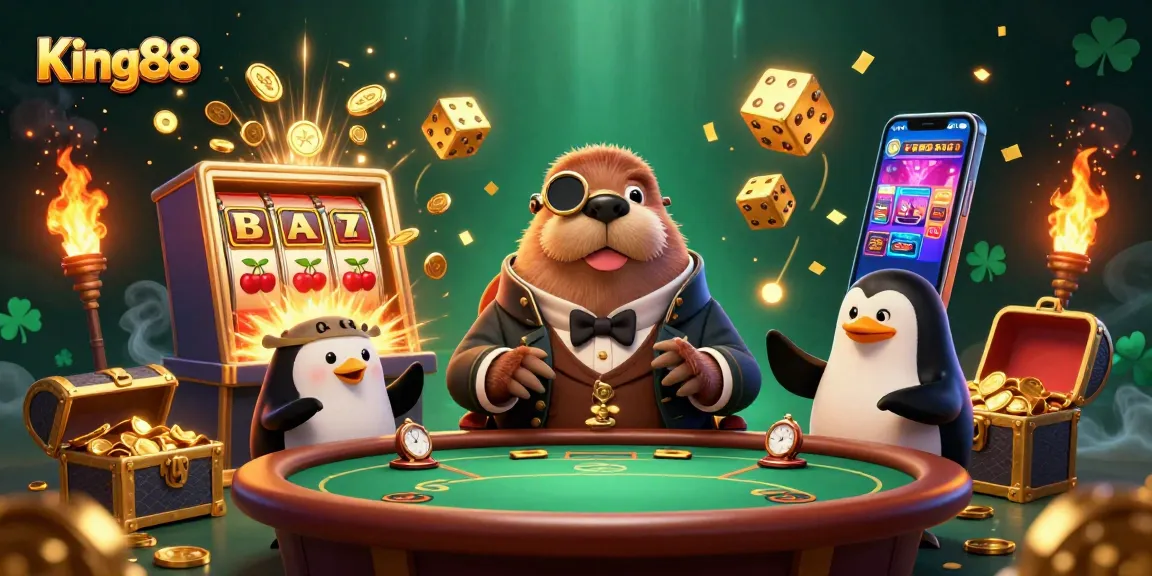 Experience the thrill of King88 with inventive characters at a vibrant underwater poker table.