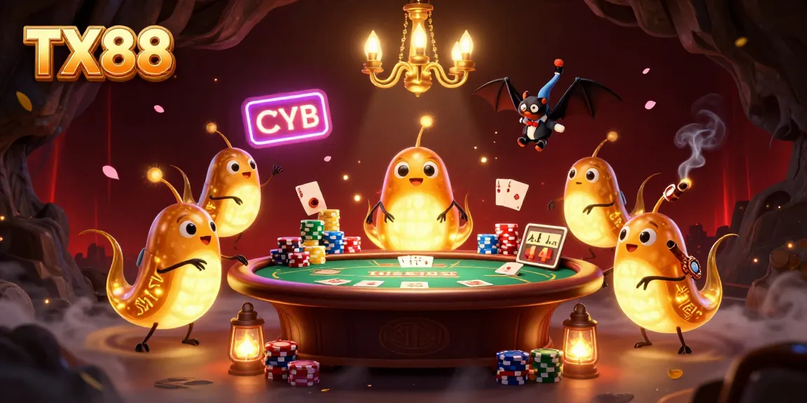 Experience the excitement of TX88 with glowing glowworms lighting a lively poker game scene in a vibrant casino.