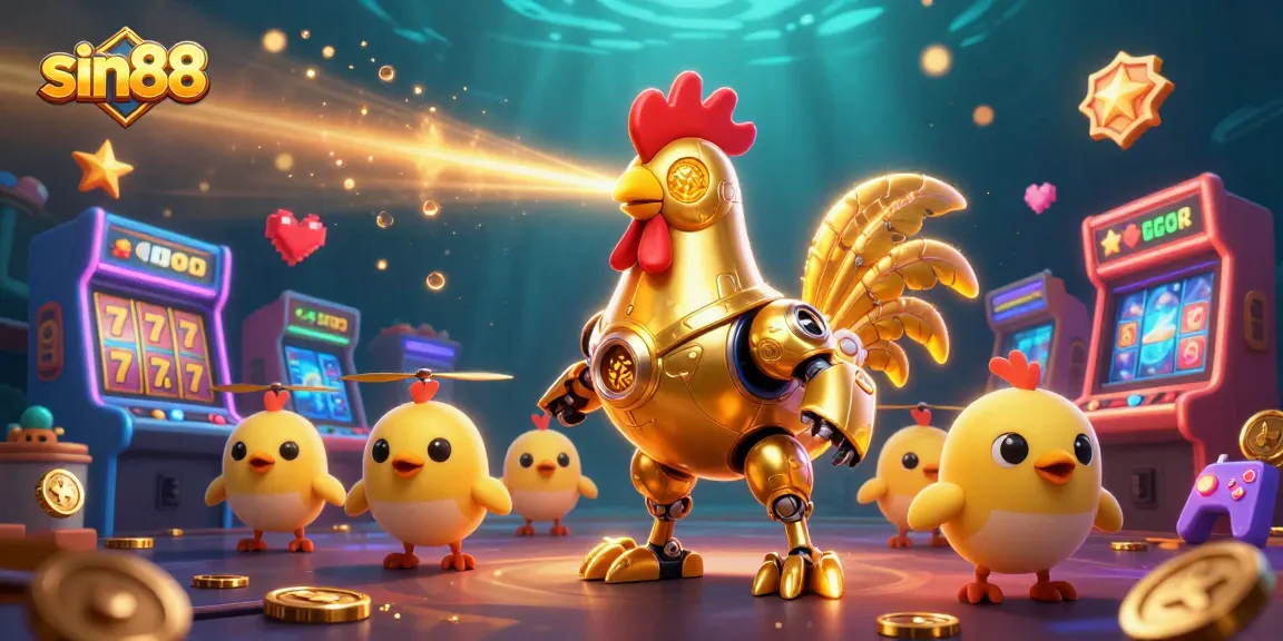 Experience the excitement of sin88 with dynamic slot games represented by a golden rooster robot.