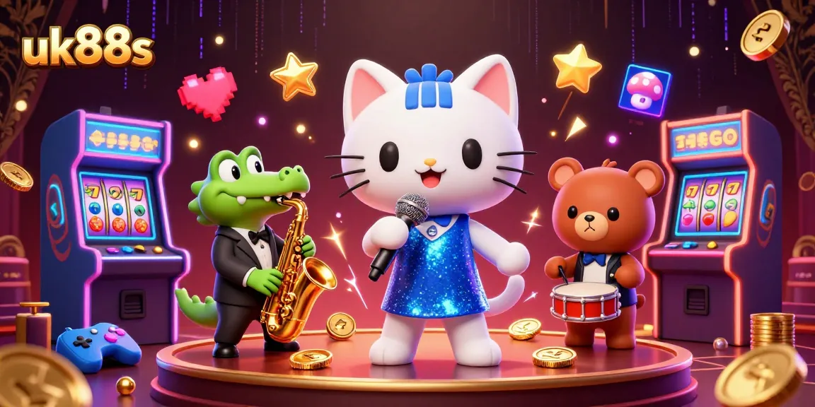Experience excitement at uk88s with a vibrant 3D casino illustration featuring a jazzy cat singer and colorful slot games.