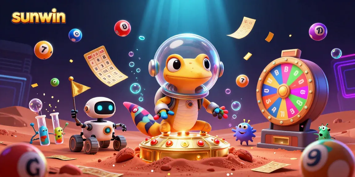 Win big at sunwin, with a Martian gecko exploring a golden casino surrounded by vibrant lottery elements.