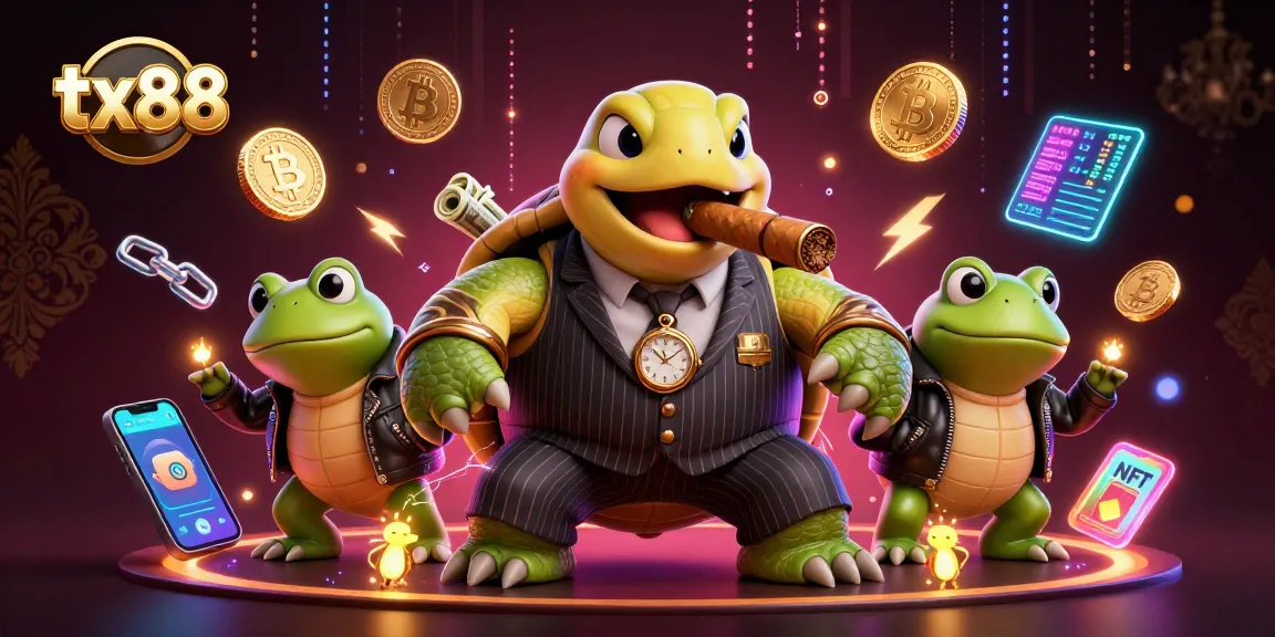 Engage with tx88’s vibrant 3D illustration showcasing a mobster turtle and bullfrog enforcers in a crypto casino.