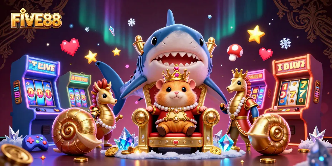 Experience the exciting games of FIVE88 with this vibrant 3D casino illustration packed with characters and elements.