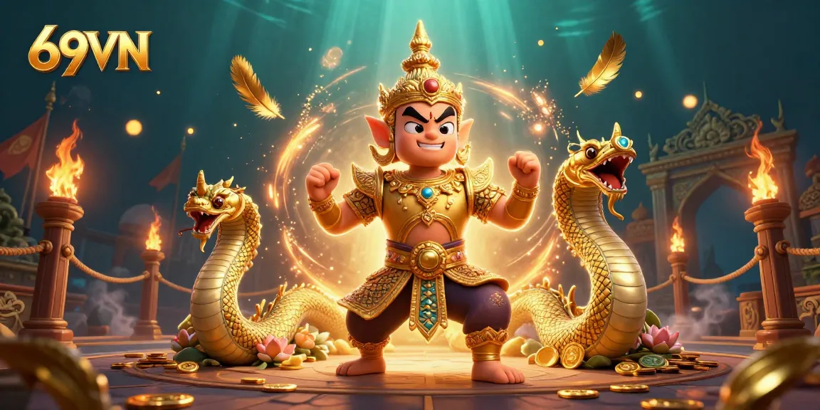 Engage with 69VN in a vibrant 3D scene showcasing a Thai temple guardian and Naga companions amid swirling casino game elements.