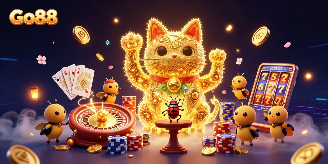 Experience the excitement of Go88 with vibrant winning symbols and a golden lucky cat in this dynamic illustration.