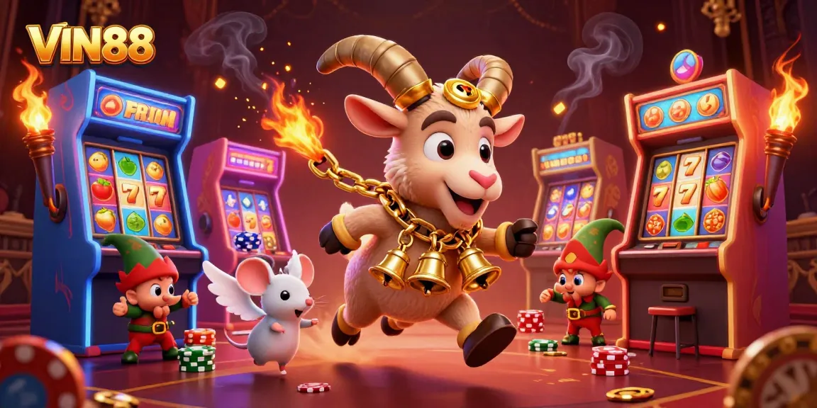 VIN88 showcases a festive casino scene with a Krampus goat, angel mouse, and elf gremlins stealing chips.